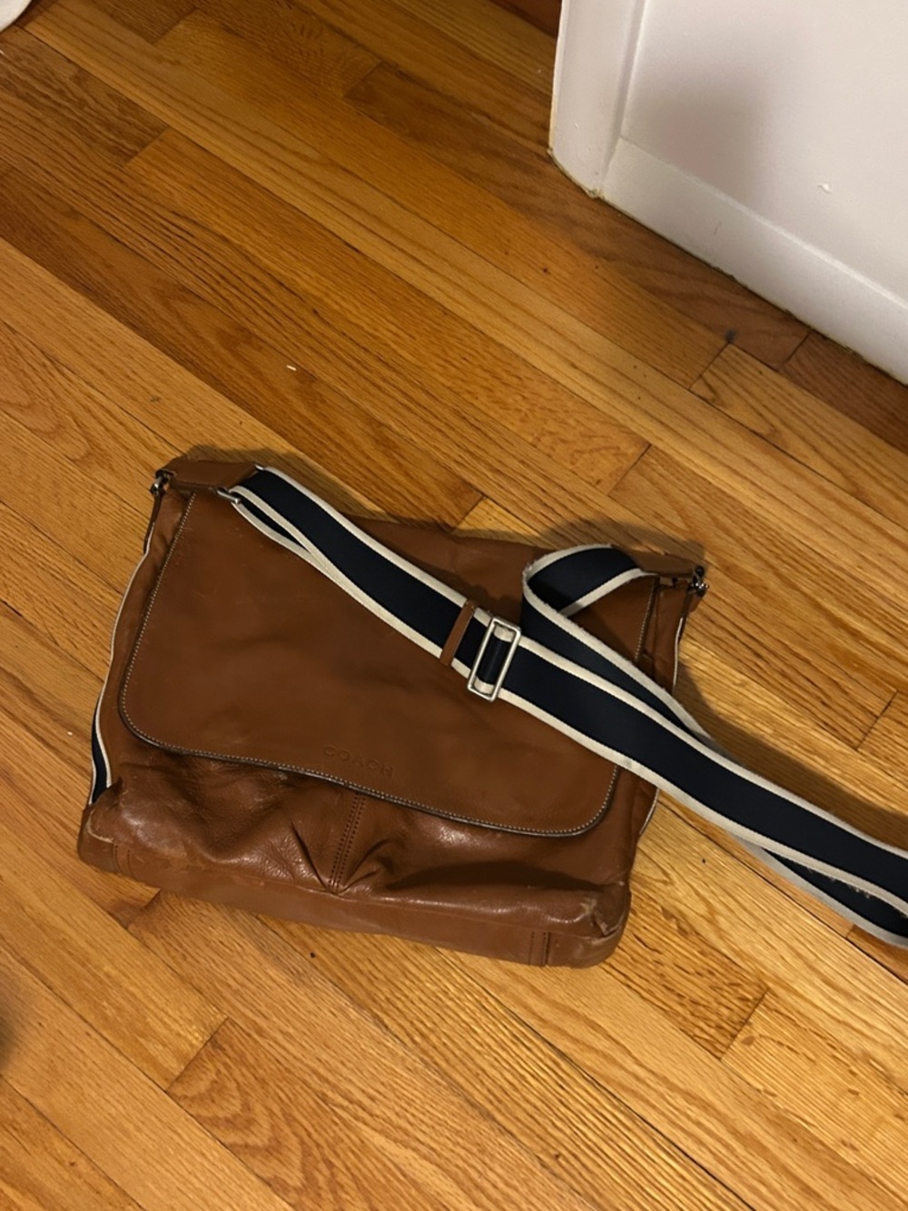 Coach Brown Leather Messenger Bag with Navy-and-Cream Web Strap